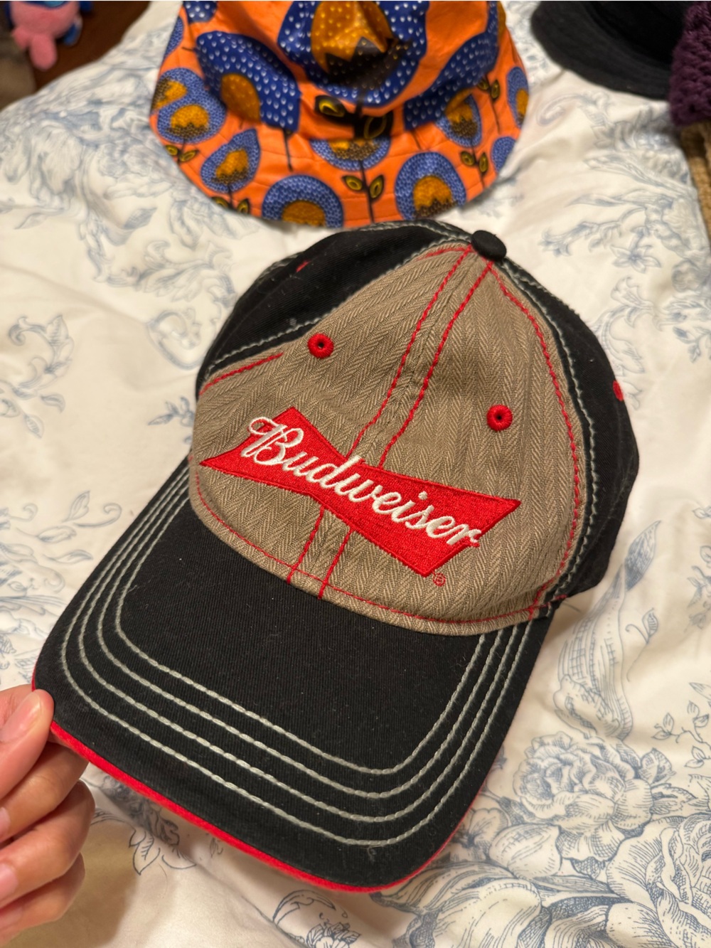 Budweiser Embroidered Logo Baseball Cap in Black & Khaki with Red Accents